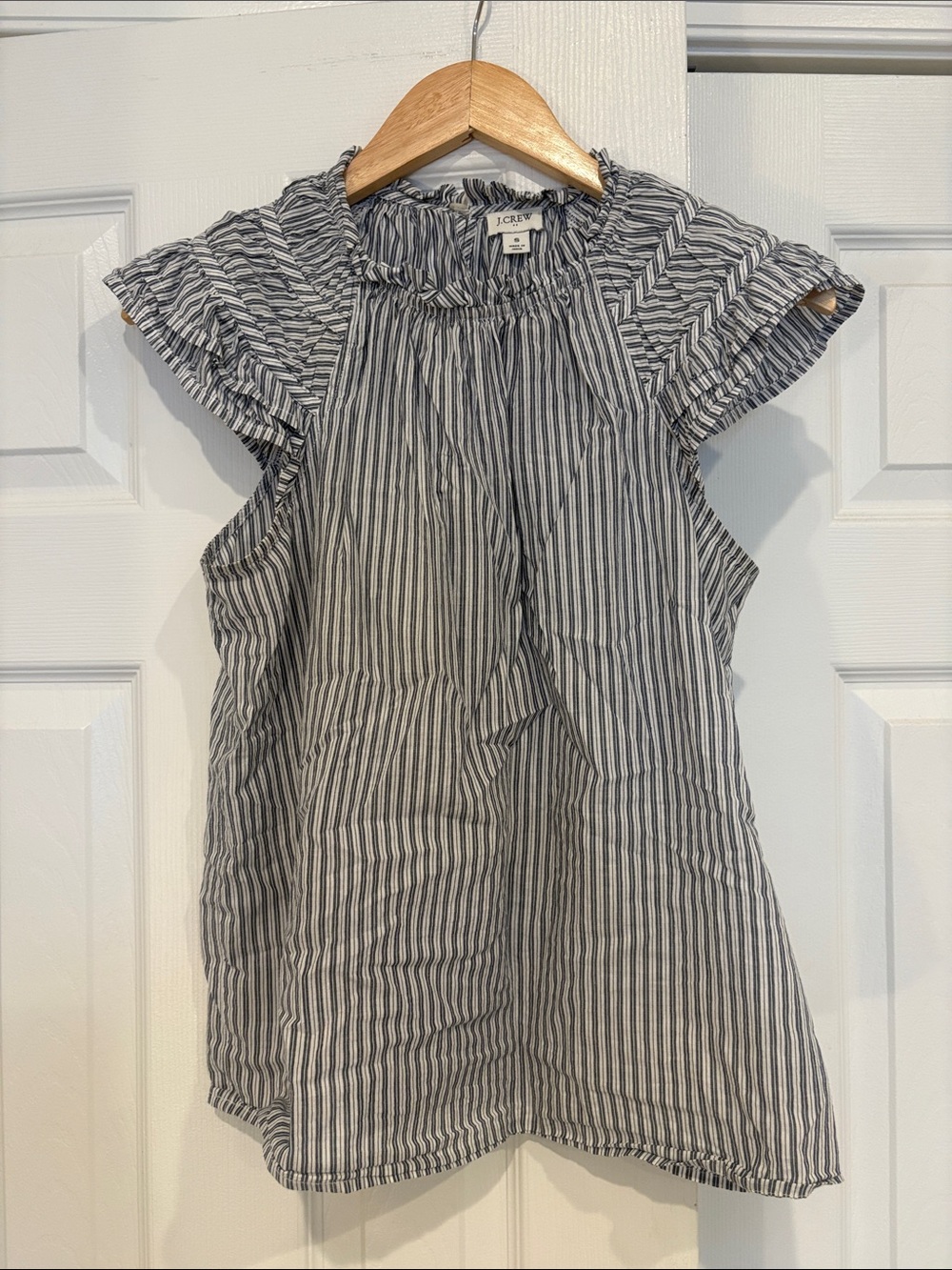 J. Crew Factory Navy & White Striped Ruffle Blouse Top